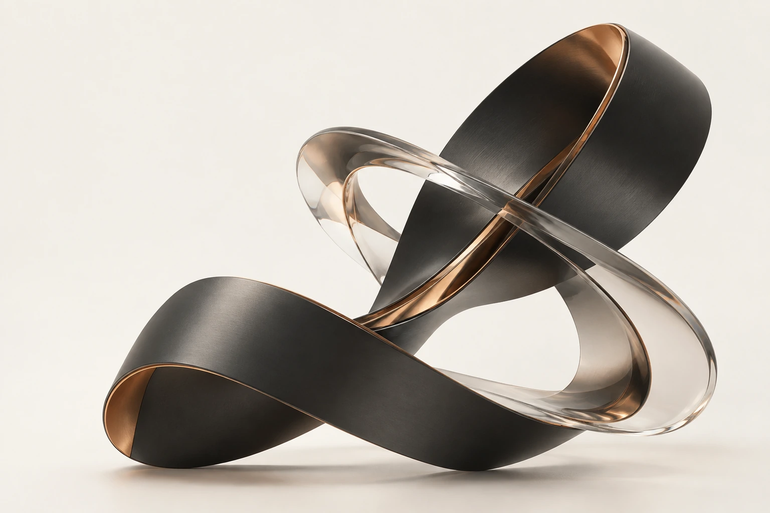 Sculpture of dark metal and clear glass ribbons with a copper edge